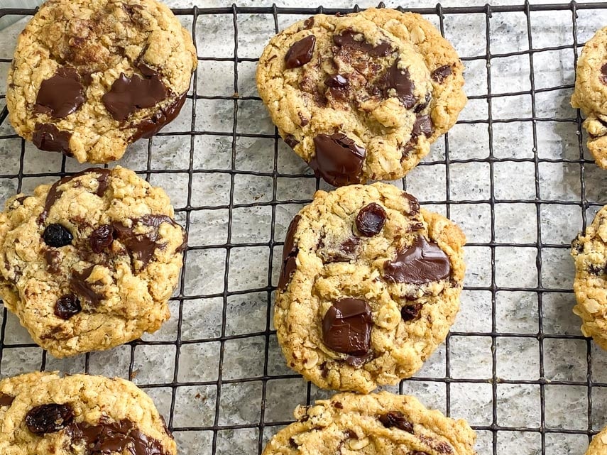 One-bowl low FODMAP peanut butter oatmeal chocolate chunk cookies on cooling rack