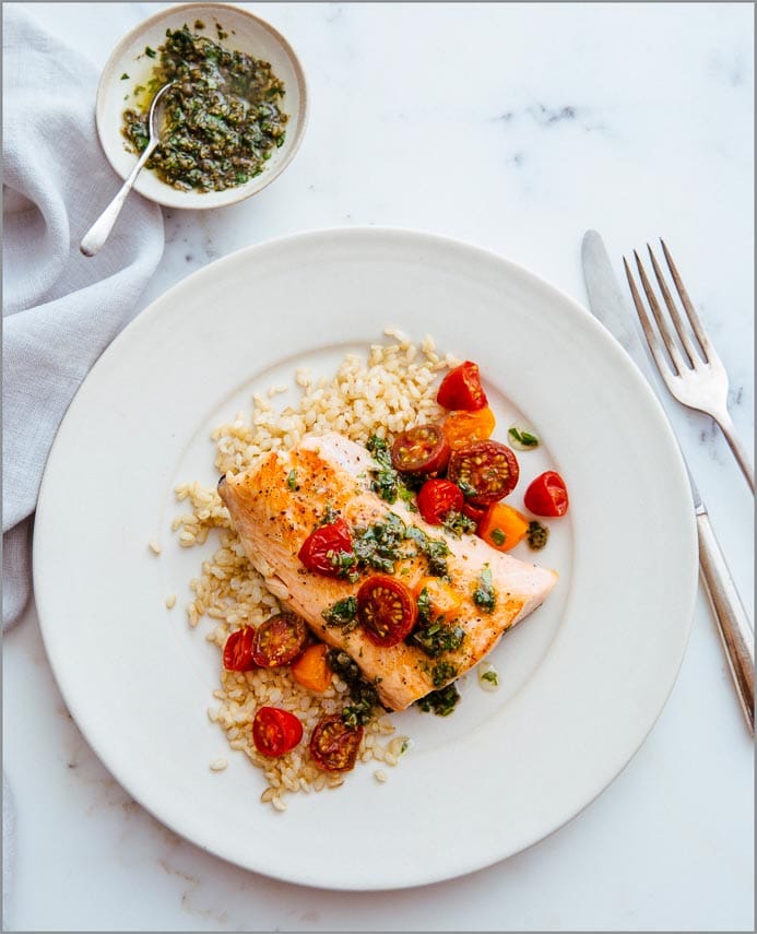 Salmon with Basil Caper Pesto