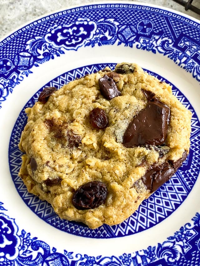 closeup of One-bowl low FODMAP peanut butter oatmeal chocolate chunk cookies