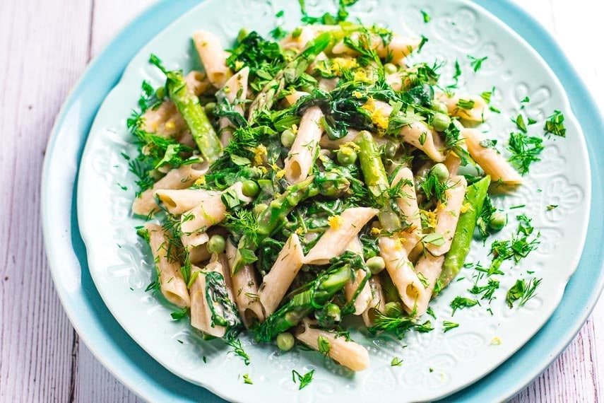 closeup of low FODMAP pasta primavera on aqua colored plates-2