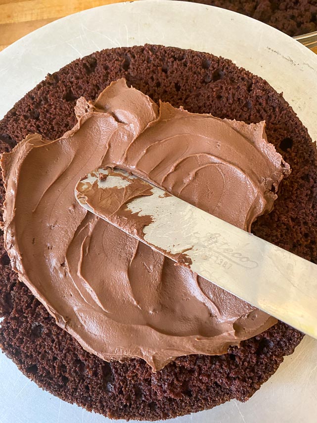 Apply chilled, firm chocolate pudding to layer of low FODMAP Blackout Cake. Use icing spatula, gliding it over the pudding and not touching the cake