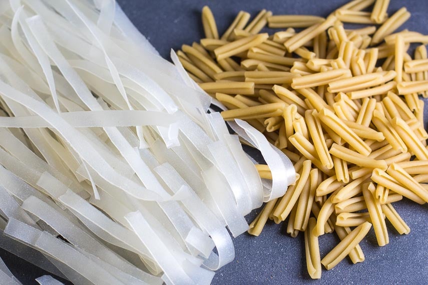 Asian rice noodles on left vs. European-style rice pasta on right