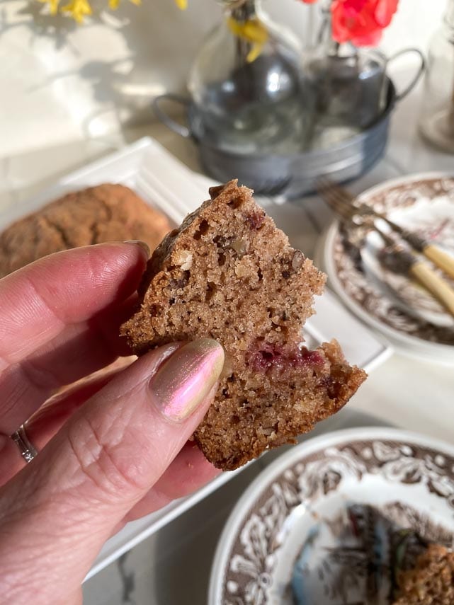 close-up of piece of low FODMAP Strawberry bread in hand