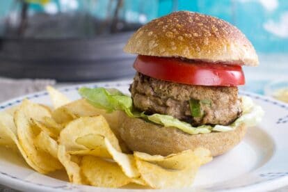 low fodmap turkey burger on a bun with potato chips on a white plate