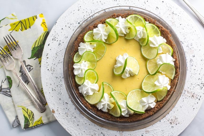 overhead image of low FODMAP Key Lime Pie in pie plate