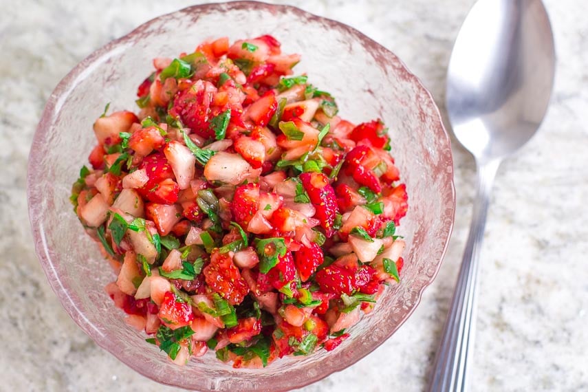 overhead strawberry salsa in glass dish