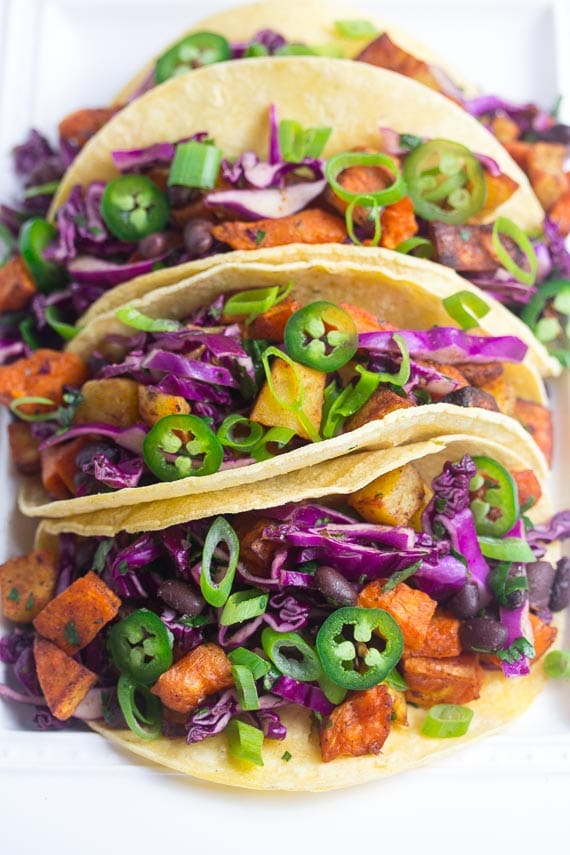 Front view Closeup of low FODMAP sweet potato tacos with black beans_