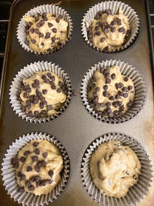 Batter for Low FODMAP Banana Chocolate Chip Muffins in pan