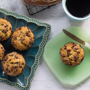 Low FODMAP Banana Chocolate Chip Muffins in pan and on plate