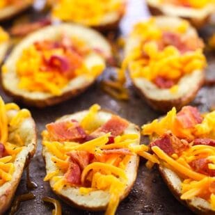 closeup of low FODMAP stuffed potato skins with bacon and cheese