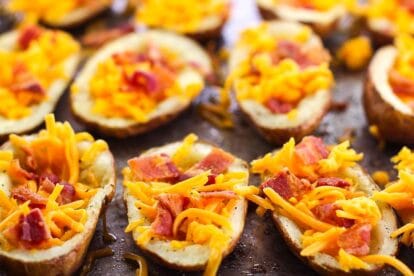 closeup of low FODMAP stuffed potato skins with bacon and cheese