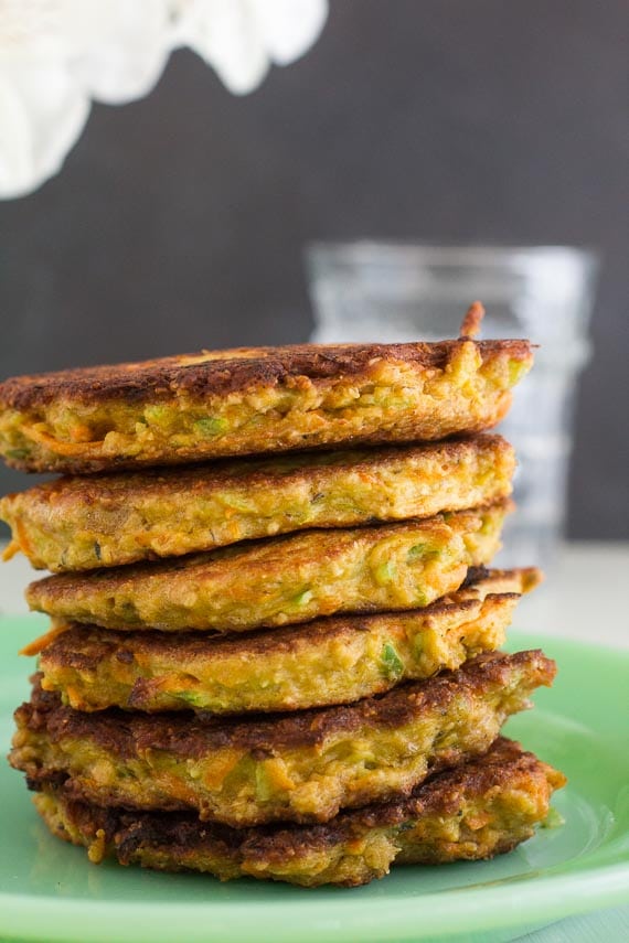 low FODMAP Cajun Tuna Patties, stacked, on green plate