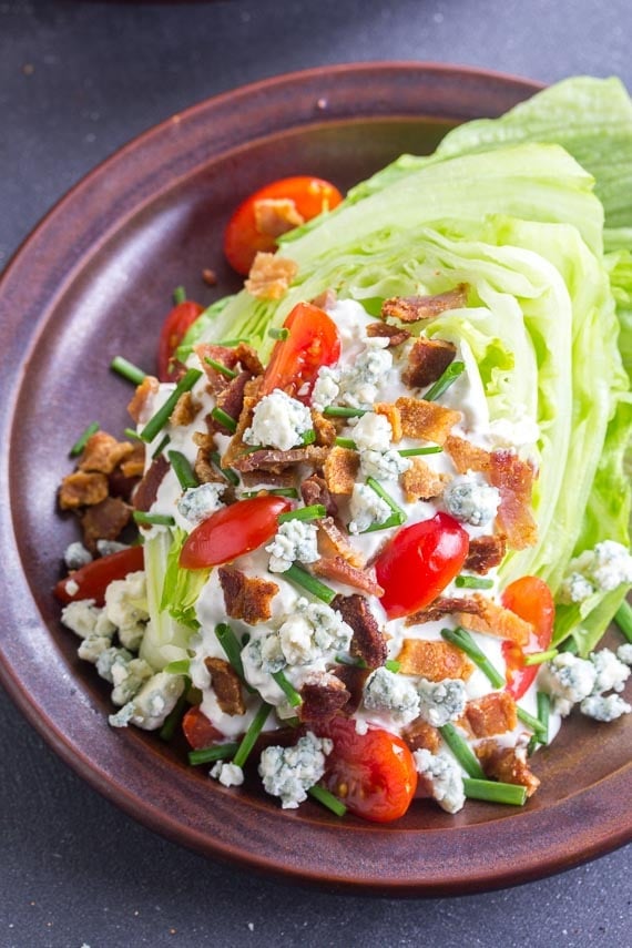 overhead vertical image of low FODMAP Wedge Salad on ceramic plate