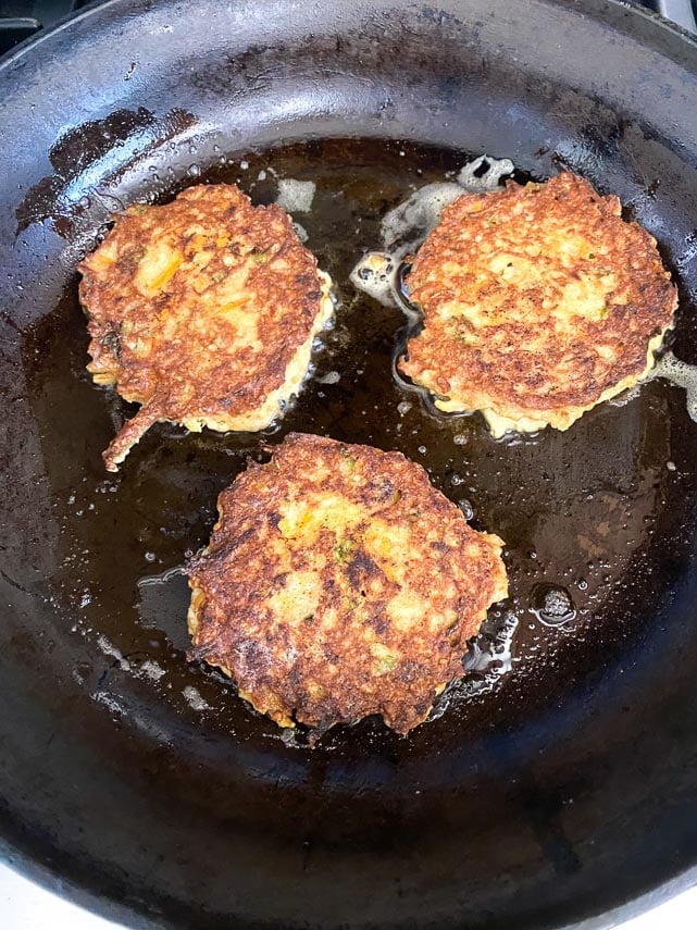 tuna patties frying in pan; fry till golden brown