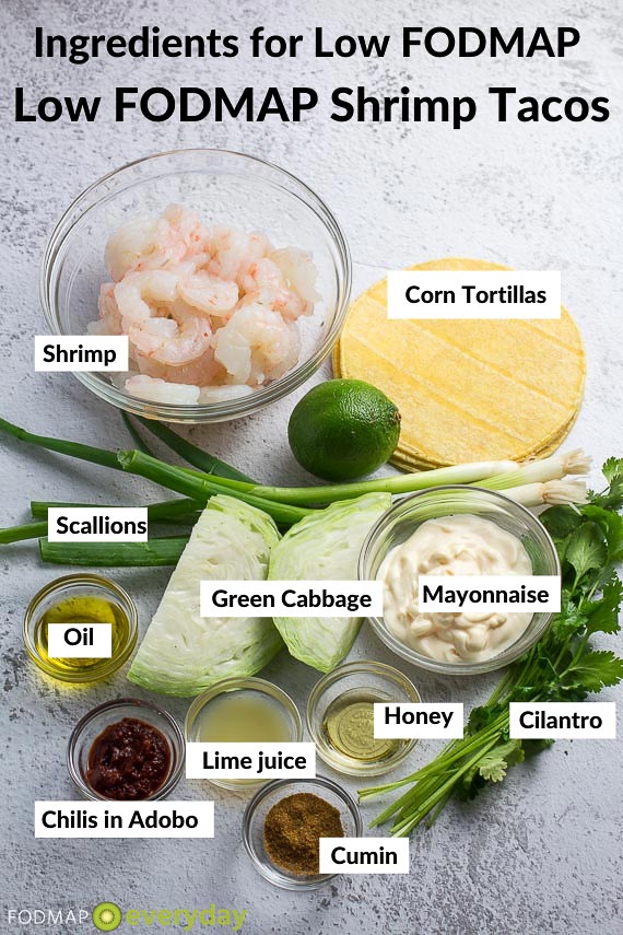 Ingredients for Shrimp Tacos on white background