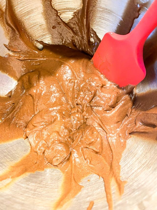 add wet to dry and combine for low FODMAP Chocolate Baked Doughnut batter