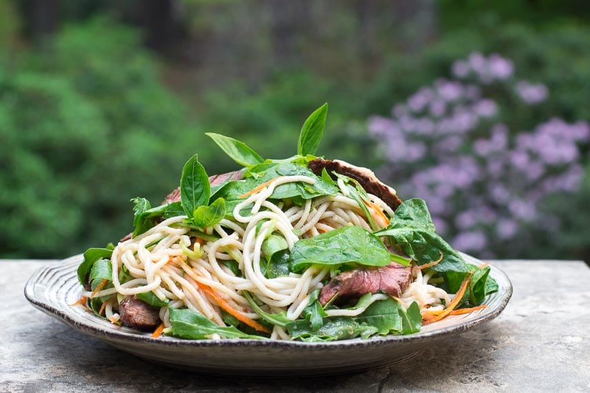 horizontal image of Low FODMAP Thai Basil Steak Salad on rustic round white plate