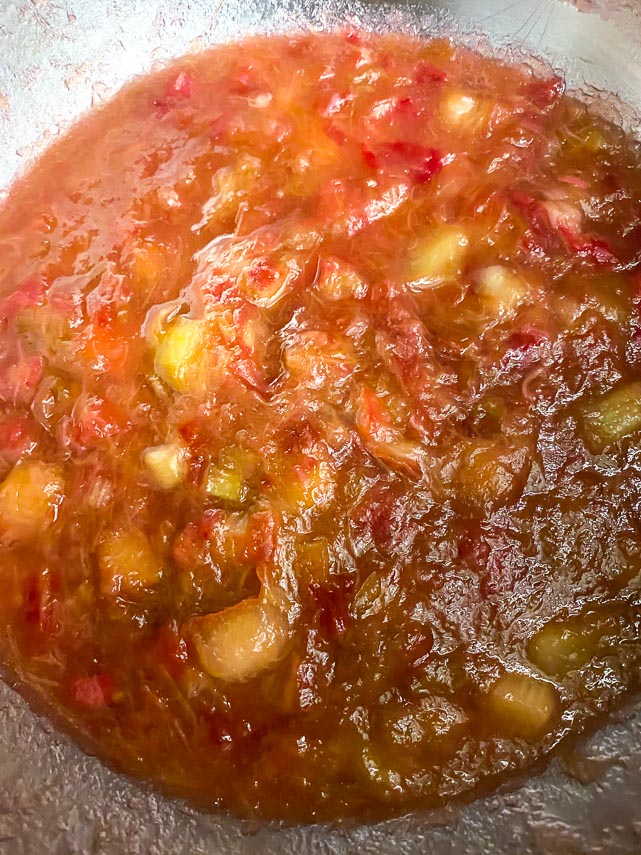 keep cooking the rhubarb until it forms a thick but juicy compote