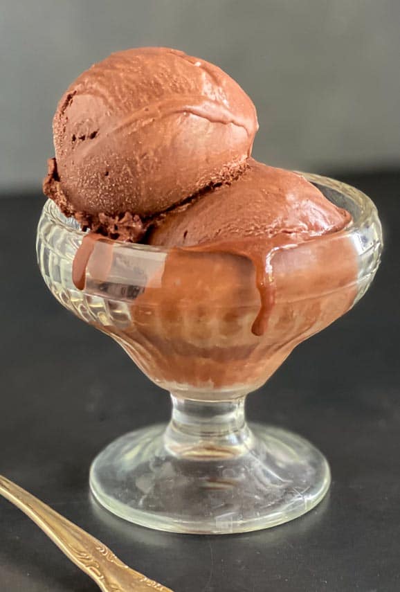 vertical close shot of low FODMAP chocolate sorbet in clear glass dish on dark background; spoon partial shown
