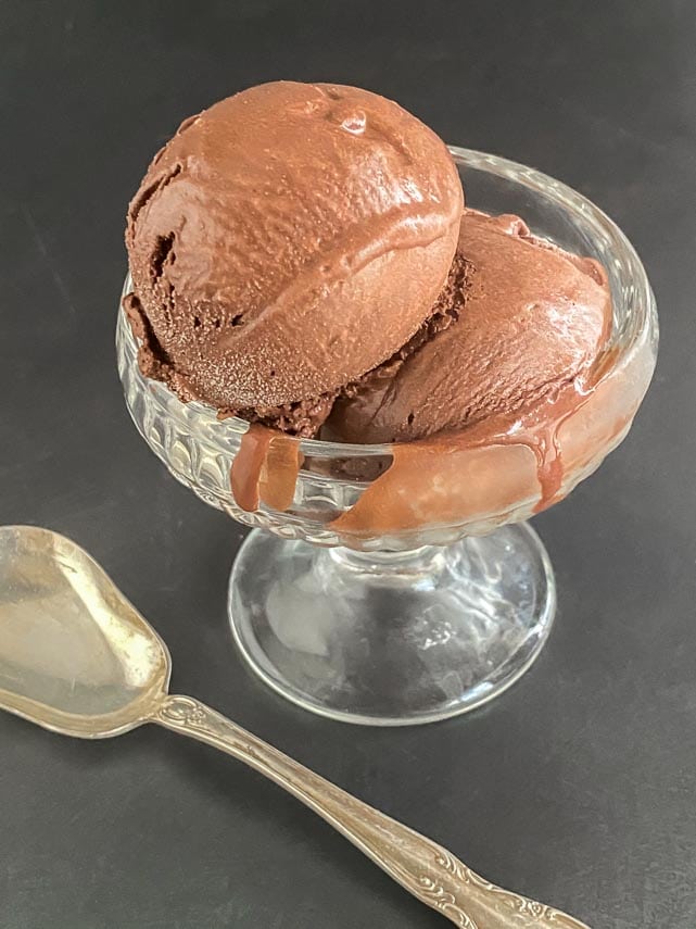 vertical close shot of low FODMAP chocolate sorbet in clear glass dish on dark background