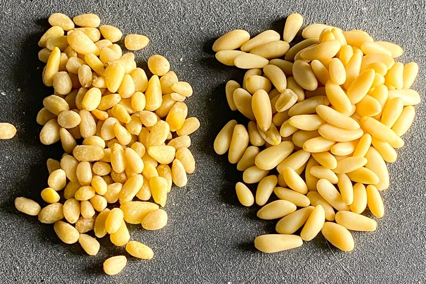 Two piles of pine nuts, comparing varieties, on grey background 
