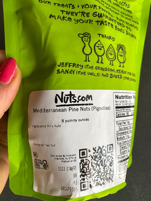 back label of Nuts.com pine nut bag