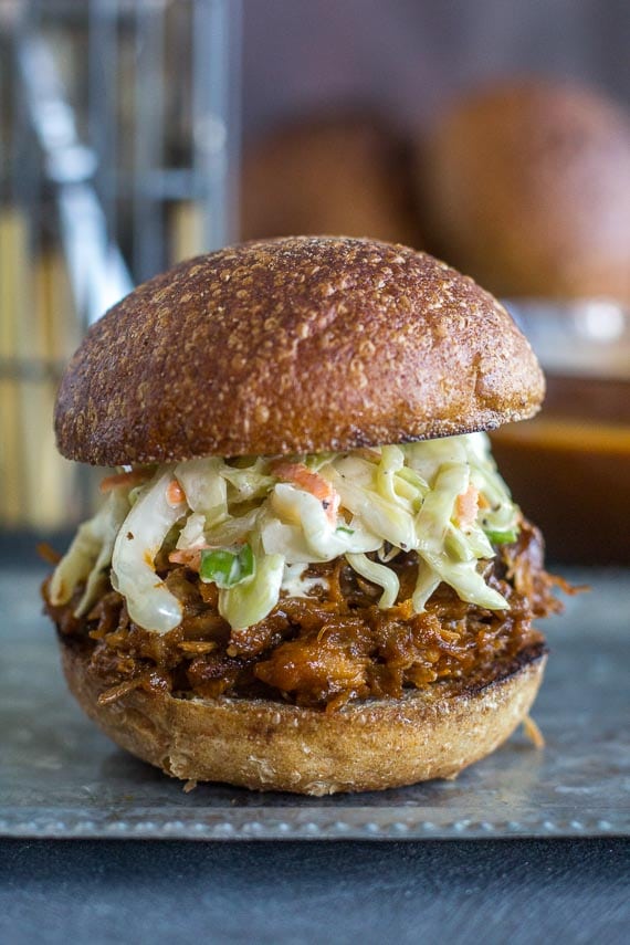 closeup photo of BBQ Pork Slider with coleslaw on metal tray