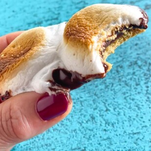 s'mores held in hand over aqua surface