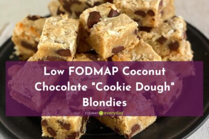 Low FODMAP Coconut Chocolate Cookie Dough Blondies in a pile, closeup