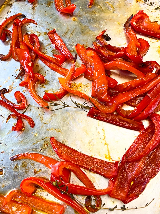 red peppers roasted on sheet pan for low FODMAP ratatouille