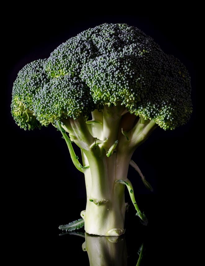 vertical image of broccoli head on dark background