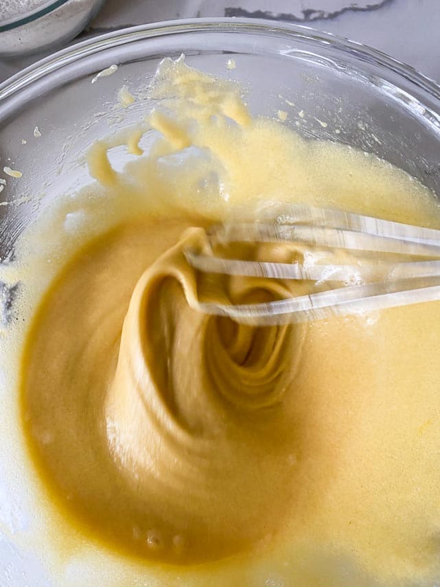 whisk until creamy. melted buttr, brown sugar, eggs and egg yolks