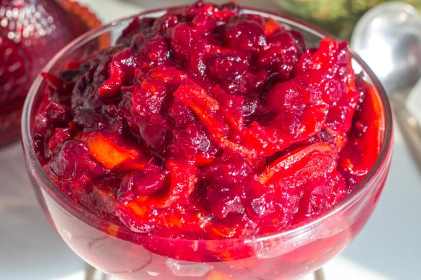 closeup of cranberry sauce in glass dish