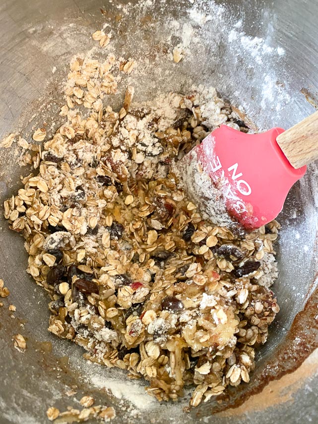 Combining wet and dry ingredients for apple oat cookies in bowl with spatula