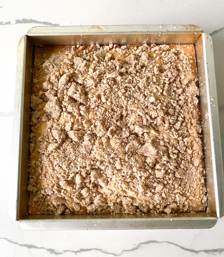Baked streusel coffee cake in square pan