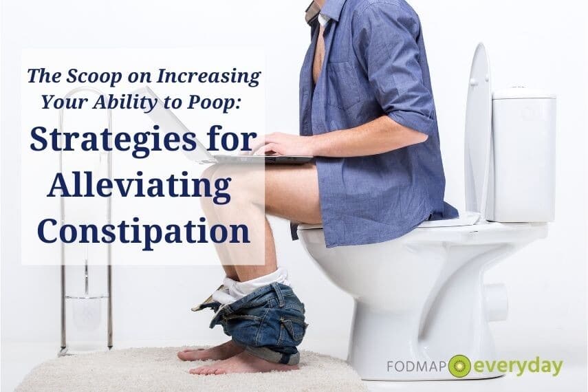 Side view of a white man sitting on a toilet with his pants around his ankles working on a laptop. Title: Strategies for Alleviating Constipation