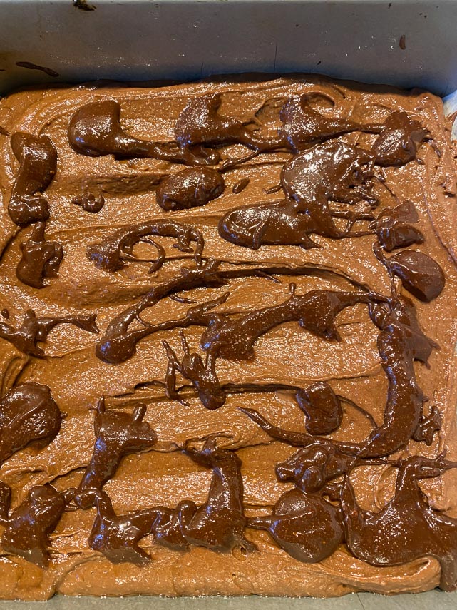 Nutella dolloped onto raw brownie batter in pan before baking