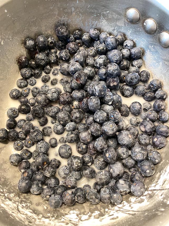 blueberries, sugar and cornstarch combined in pot