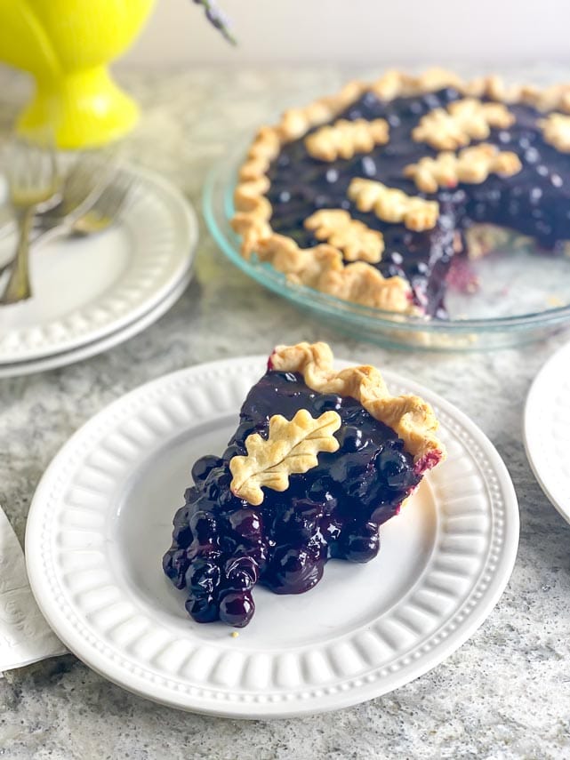 vertical image of low FODMAP Fresh Blueberry Pie on white gray quartz and white plate