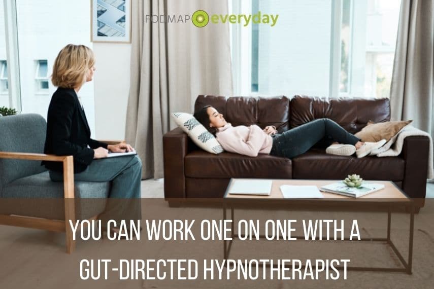 Woman laying on therapist couch with a therapist in a chair next to her. You Can Work With A Gut Directed Hypnotherapist