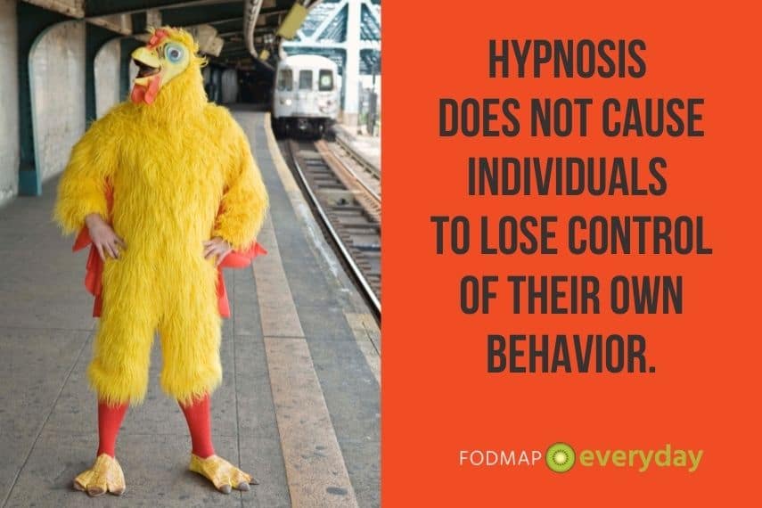 Hypnotherapy does not cause individuals to lose control of their own behavior. Man standing at a train station in a chicken outfit. 