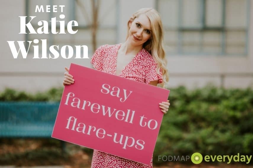 Katie Wilson, Co Founder of BelliWelli standing with a sign that says "say farewell to flare-ups" 