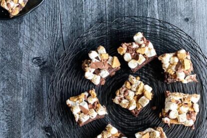 overhead low FODMAP S'Mores Brownies on black wire tray
