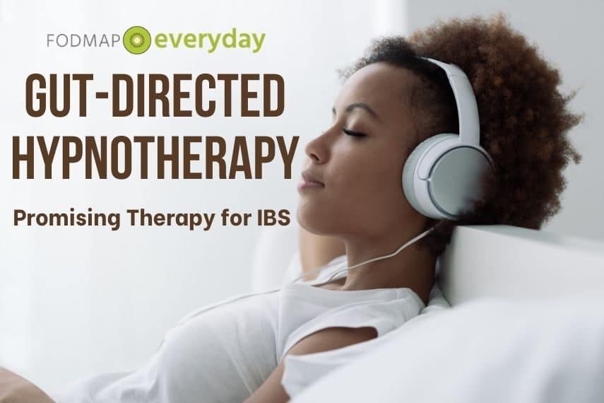 A young woman in a white tshirt with white headphones resting against a white bed with her eyes closed. Feature image for Gut Directed Hypnotherapy article