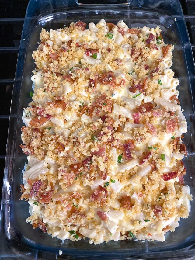 mac n cheese ready to bake with panko bacon topping