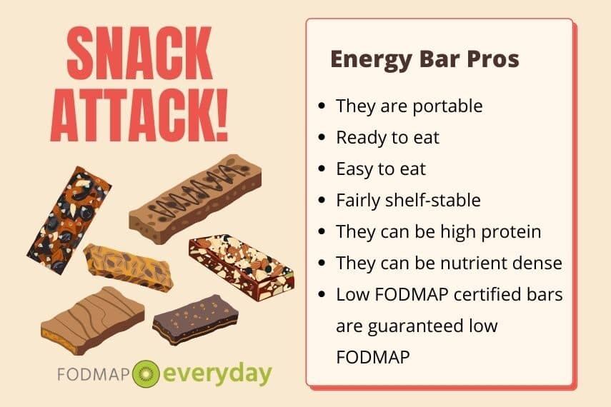 A graphic with 6 energy or protein bars, the words Snack Attack! And a list of Pros for eating energy bars. (actual list is also in text of post.)