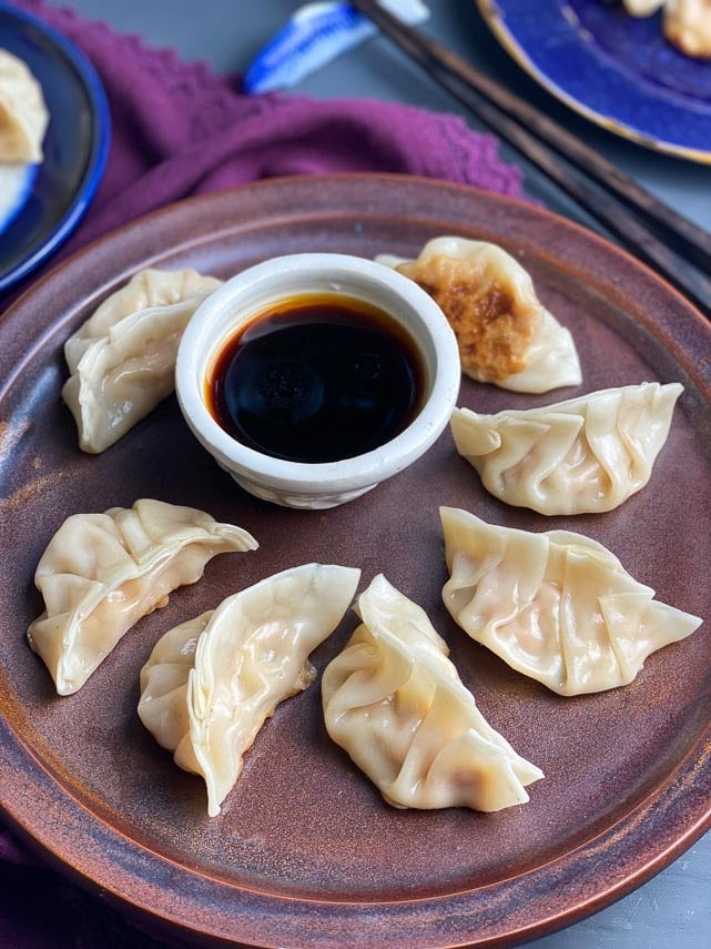 low FODMAP Pork Dumplings on brown plate with dipping sauce in white bowl