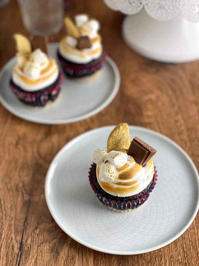 overhead image of Low FODMAP S'Mores Cupcakes on white plate and white cake stand in background