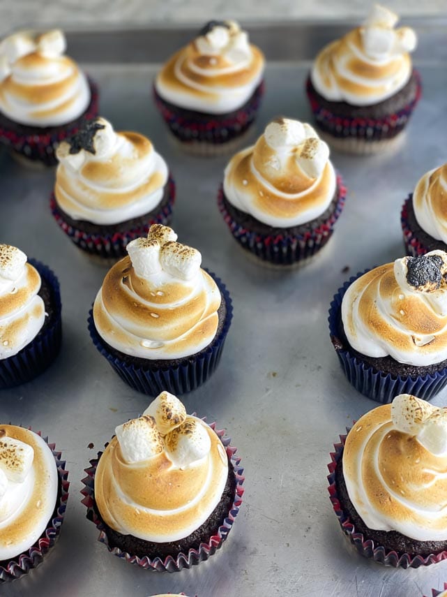 torched s'mores cupcakes on sheet pan