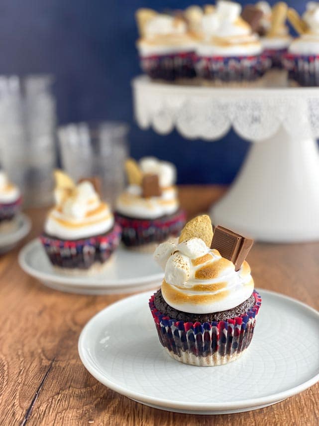 Low FODMAP S'Mores Cupcakes on a white plate 